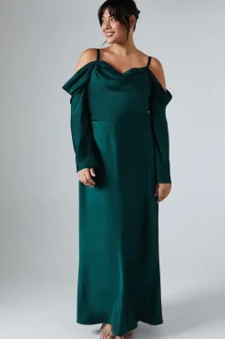 Plus Size Long Sleeve Cowl Neck Satin Bridesmaids Dress