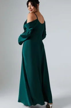 Plus Size Long Sleeve Cowl Neck Satin Bridesmaids Dress