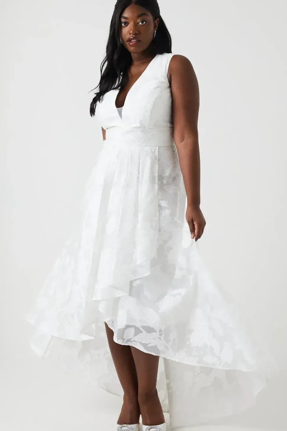 Plus Size Plunge Neck Waterfall Organza Jacquard Maxi Dress
