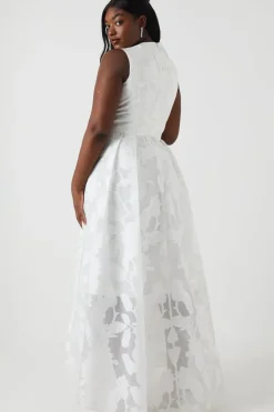 Plus Size Plunge Neck Waterfall Organza Jacquard Maxi Dress