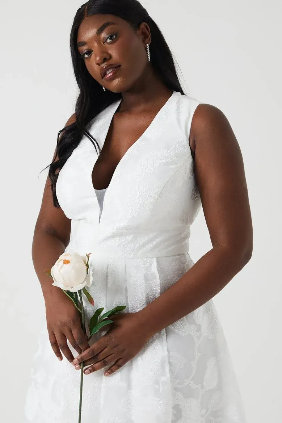 Plus Size Plunge Neck Waterfall Organza Jacquard Maxi Dress