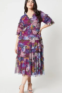 Plus Size Printed Mesh Ruffle Midi Dress