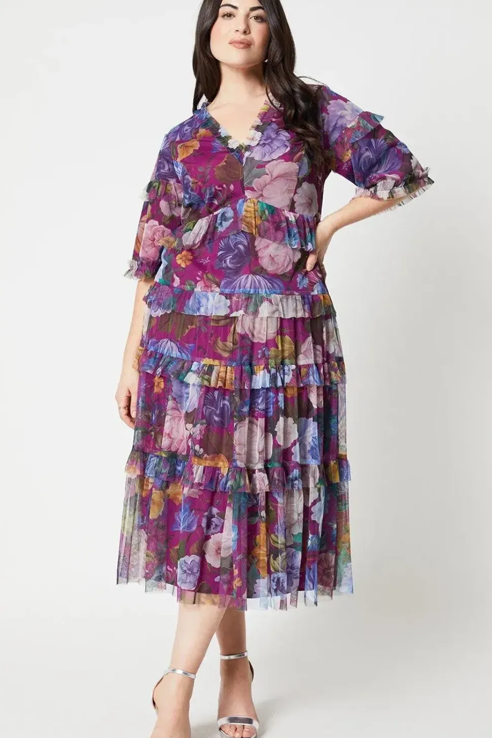 Plus Size Printed Mesh Ruffle Midi Dress