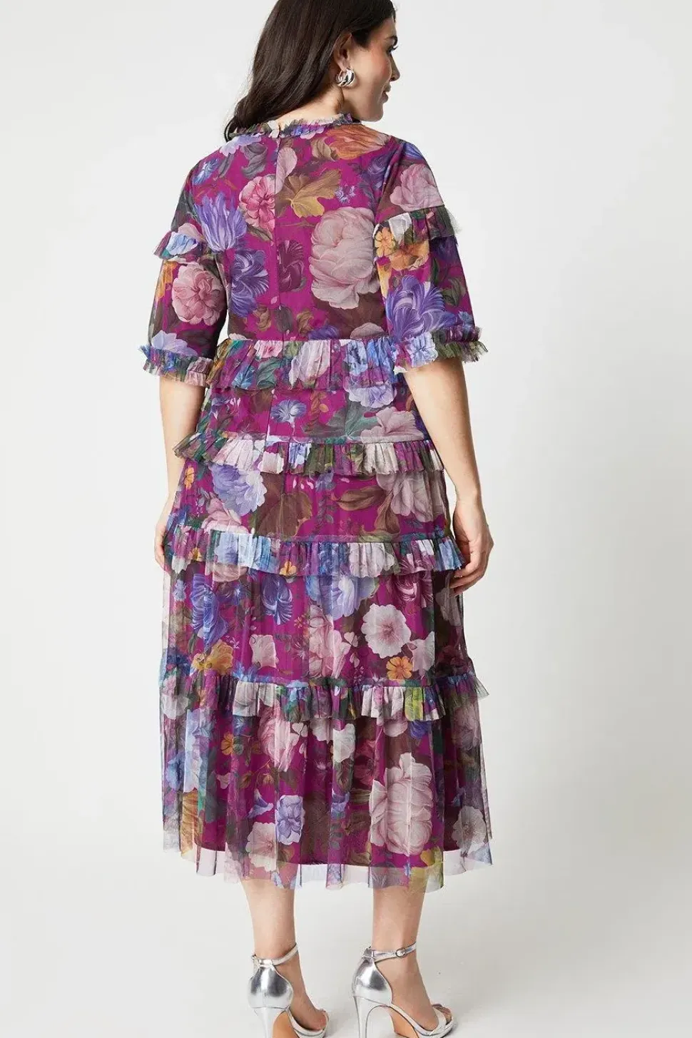 Plus Size Printed Mesh Ruffle Midi Dress