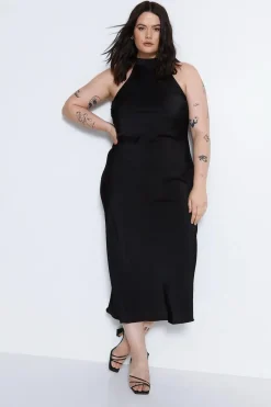 Plus Size Satin Halter Neck Backless Slip Dress