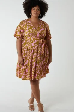 Plus Size Wrap Front Tier Hem Angel Sleeve Dress