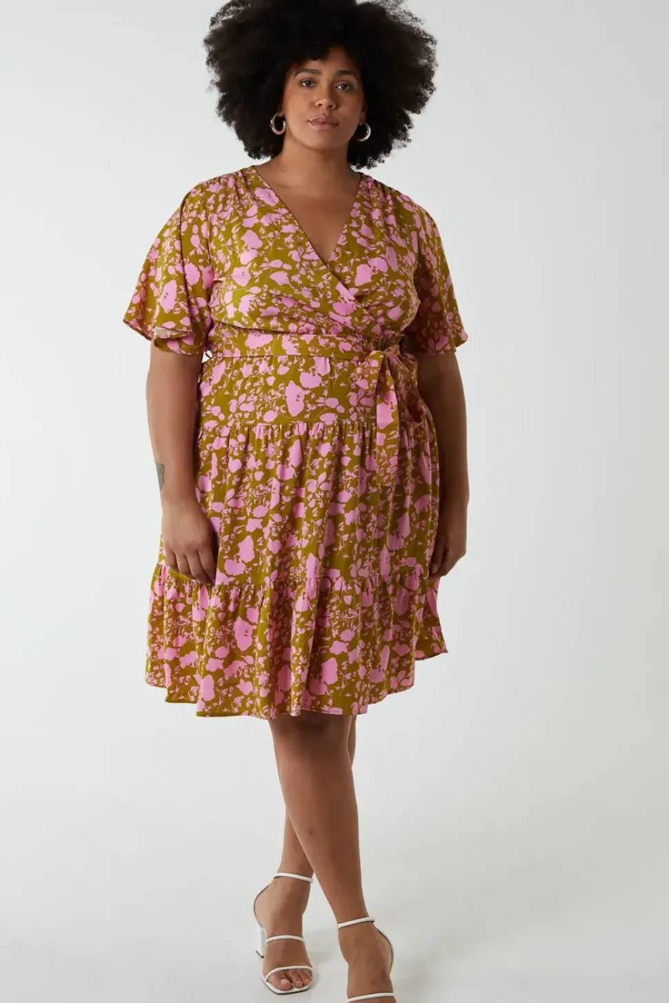 Plus Size Wrap Front Tier Hem Angel Sleeve Dress