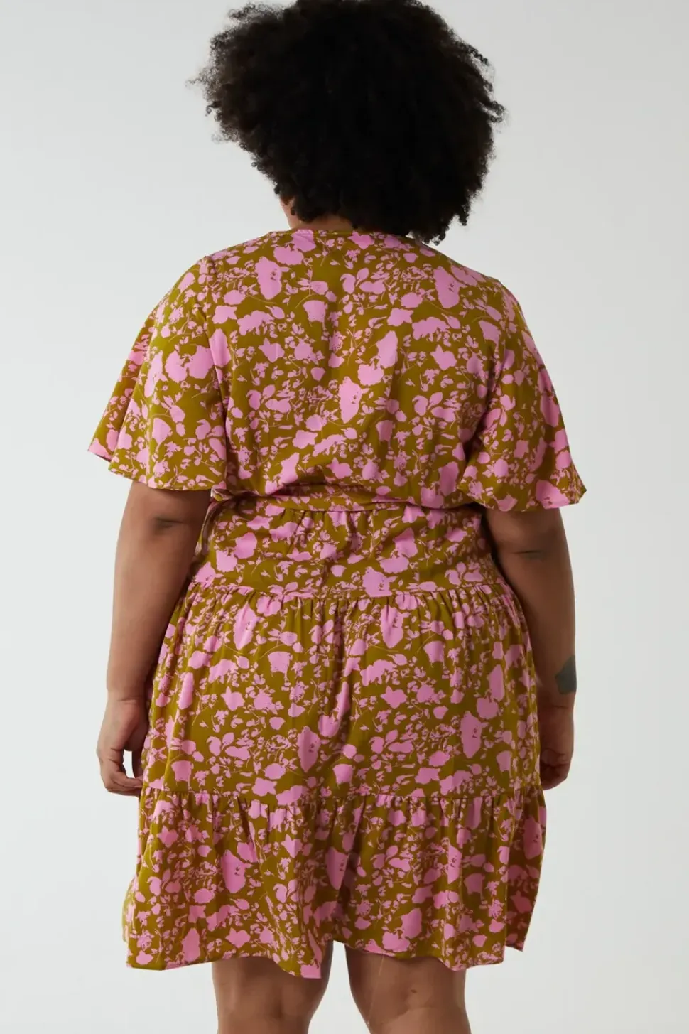 Plus Size Wrap Front Tier Hem Angel Sleeve Dress