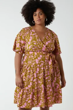 Plus Size Wrap Front Tier Hem Angel Sleeve Dress