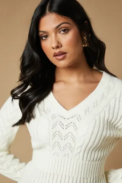 Pointelle And Cable Peplum V Neck Jumper
