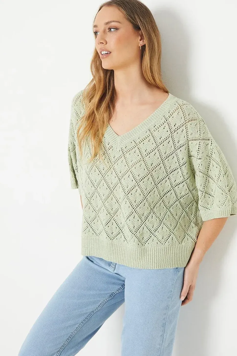 Pointelle Slouchy V Neck Sweater