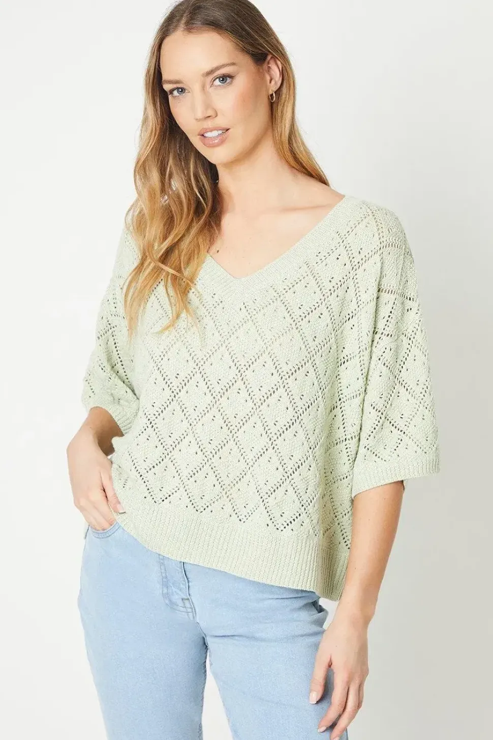 Pointelle Slouchy V Neck Sweater