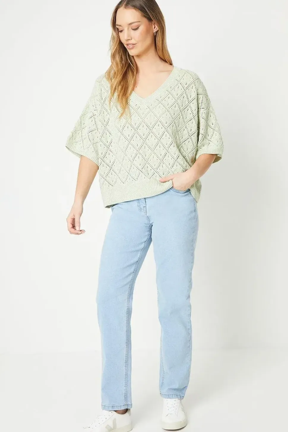 Pointelle Slouchy V Neck Sweater