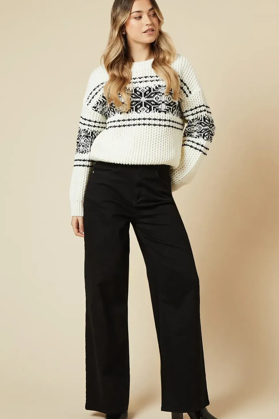 Pointelle Stitch Fairisle Detail Crew Neck Jumper