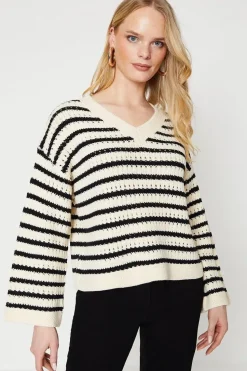 Pointelle Stripe V Neck Sweater