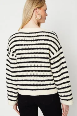 Pointelle Stripe V Neck Sweater