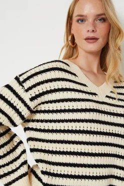 Pointelle Stripe V Neck Sweater