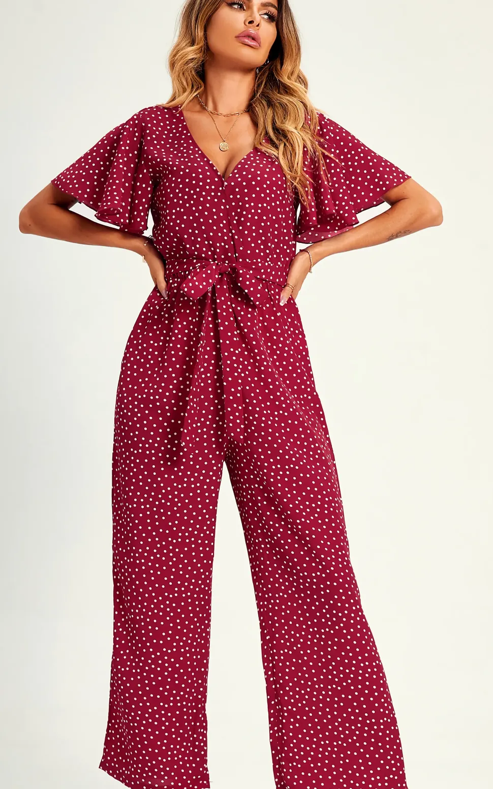 Polka Dot Angel Sleeve Culotte Jumpsuit In Red