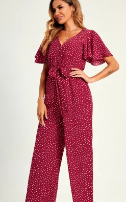 Polka Dot Angel Sleeve Culotte Jumpsuit In Red