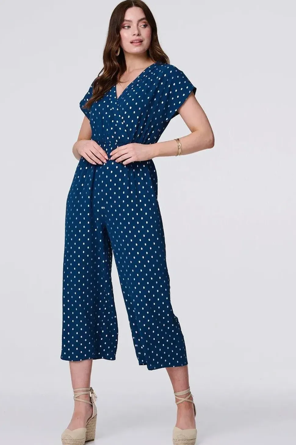 Polka Dot Cropped V-Neck Jumpsuit