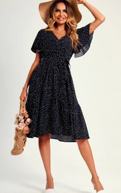 Polka Dot Hem Tiered Wrap Midi Dress In Black