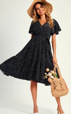 Polka Dot Hem Tiered Wrap Midi Dress In Black