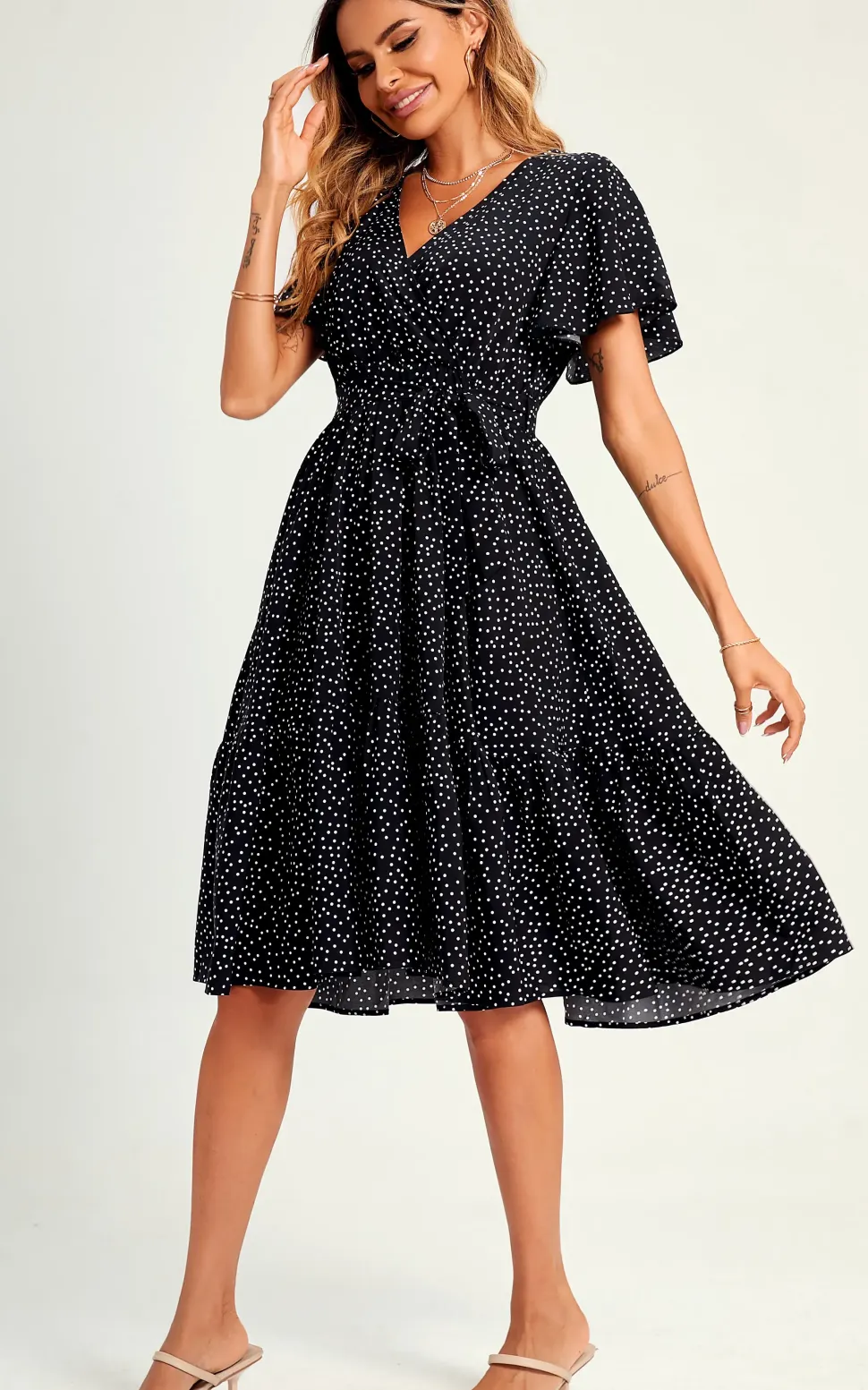 Polka Dot Hem Tiered Wrap Midi Dress In Black