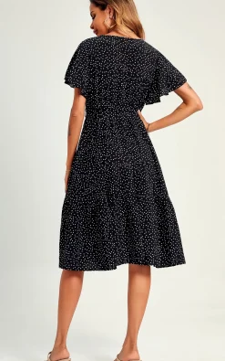 Polka Dot Hem Tiered Wrap Midi Dress In Black