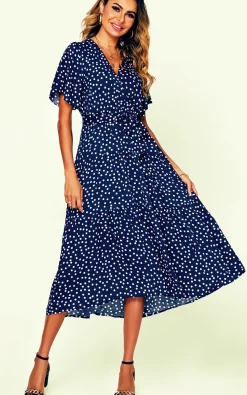 Polka Dot Hem Tiered Wrap Midi Dress In Navy