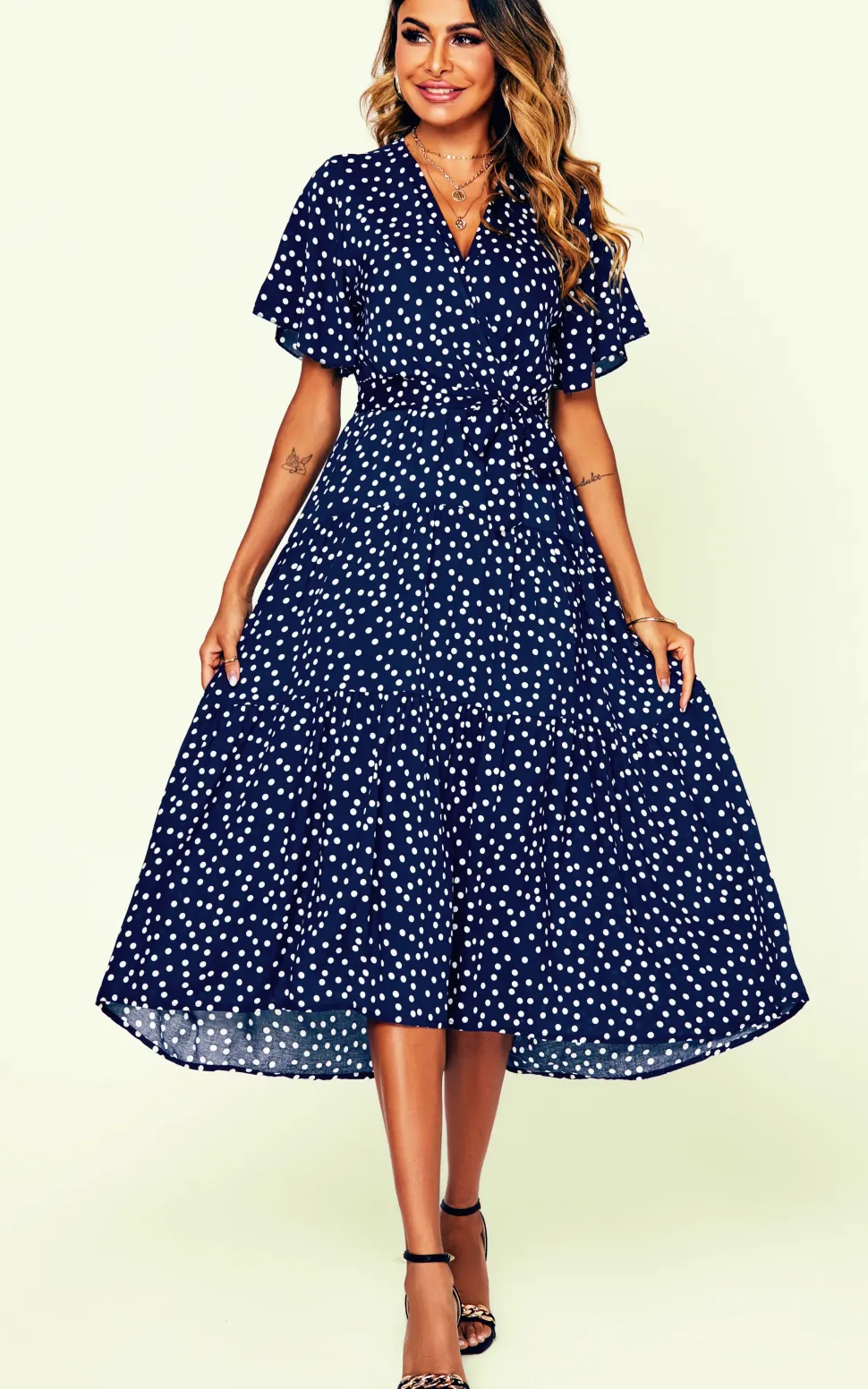 Polka Dot Hem Tiered Wrap Midi Dress In Navy