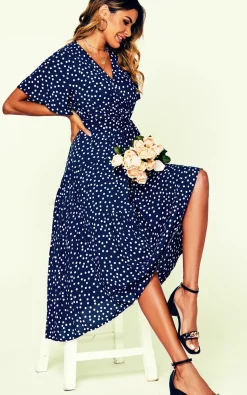 Polka Dot Hem Tiered Wrap Midi Dress In Navy