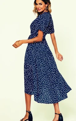 Polka Dot Hem Tiered Wrap Midi Dress In Navy