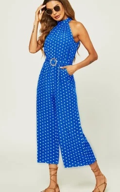 Polka Dot High Neck Jumpsuit with Belt