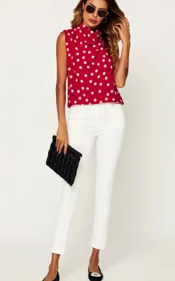Polka Dot High Neck Sleeveless Blouse In Red