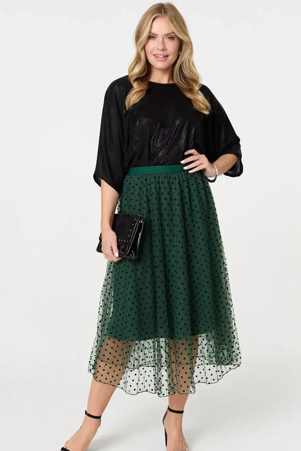 Polka Dot Layered Mesh Midi Skirt