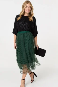 Polka Dot Layered Mesh Midi Skirt