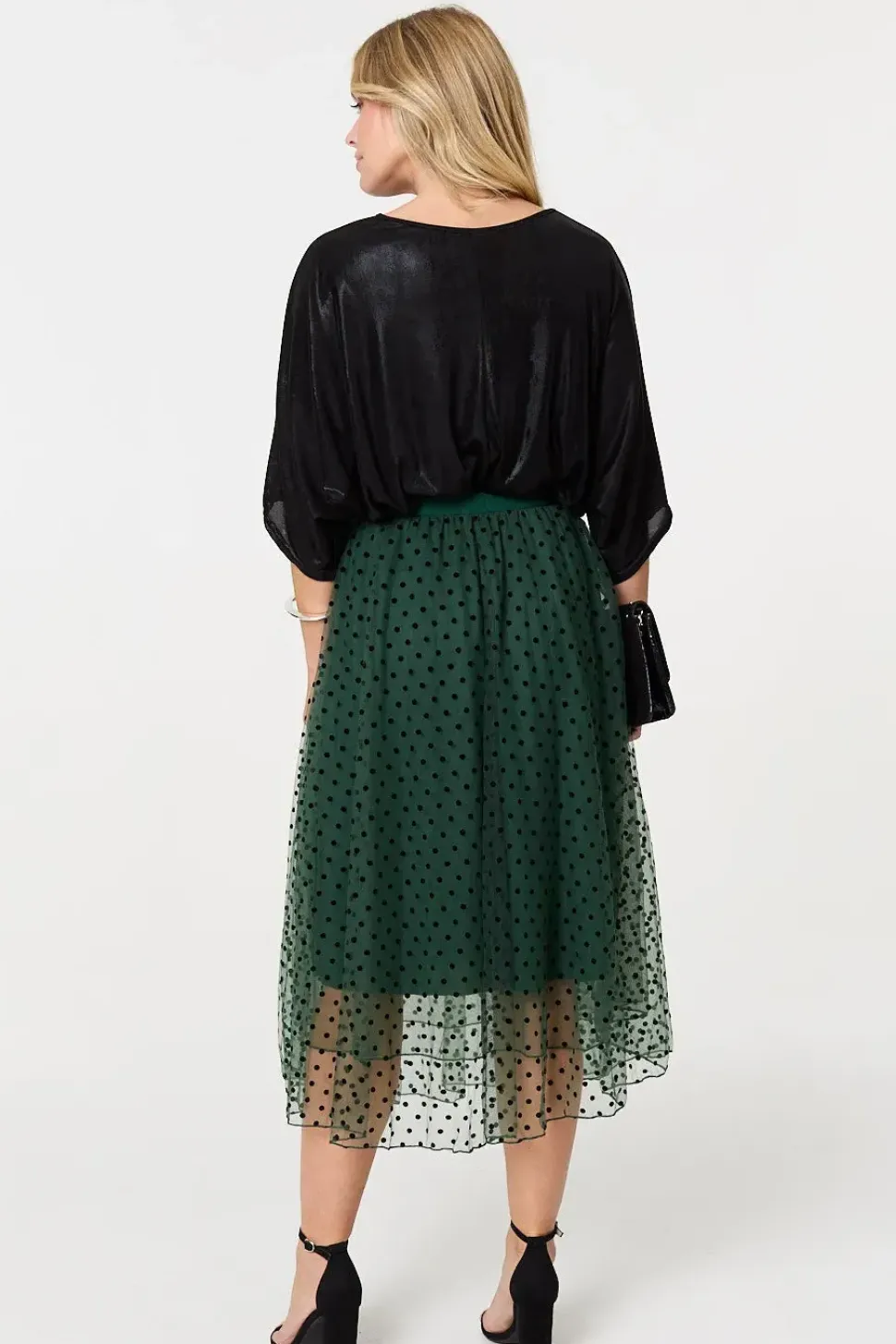 Polka Dot Layered Mesh Midi Skirt