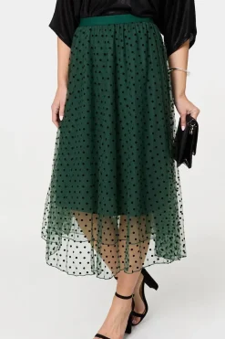 Polka Dot Layered Mesh Midi Skirt