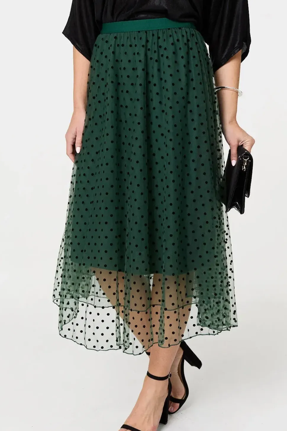 Polka Dot Layered Mesh Midi Skirt