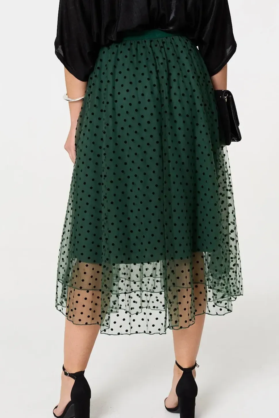 Polka Dot Layered Mesh Midi Skirt