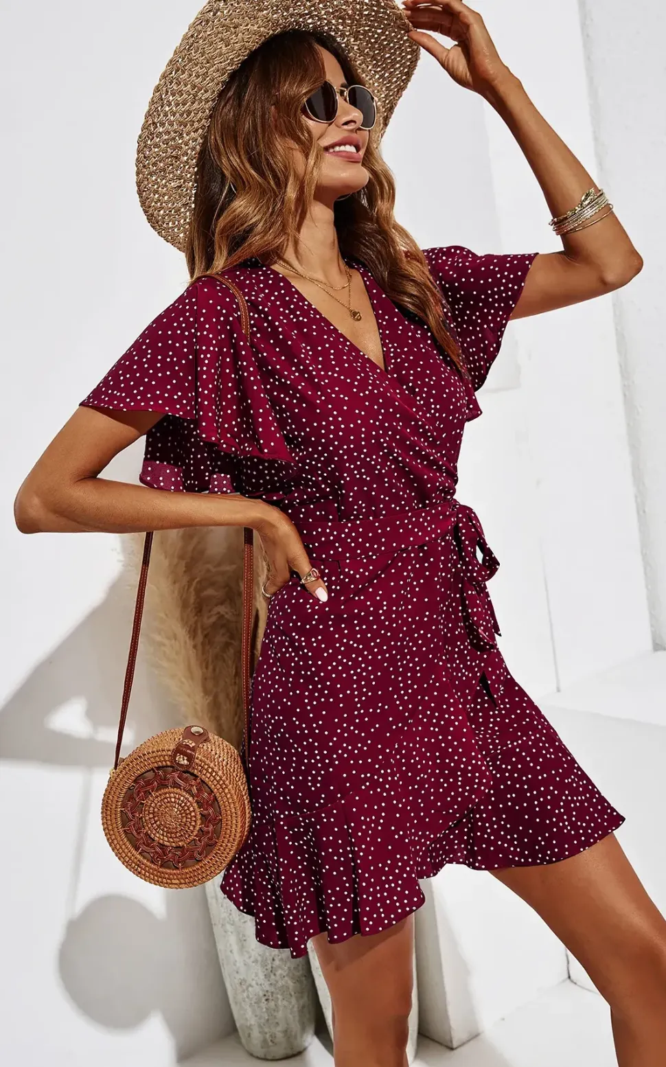 Polka Dot Mini Wrap Style Dress