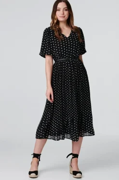 Polka Dot Pleated Midi Dress