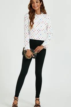 Polka Dot Print Frill Detail High Neck Top In White