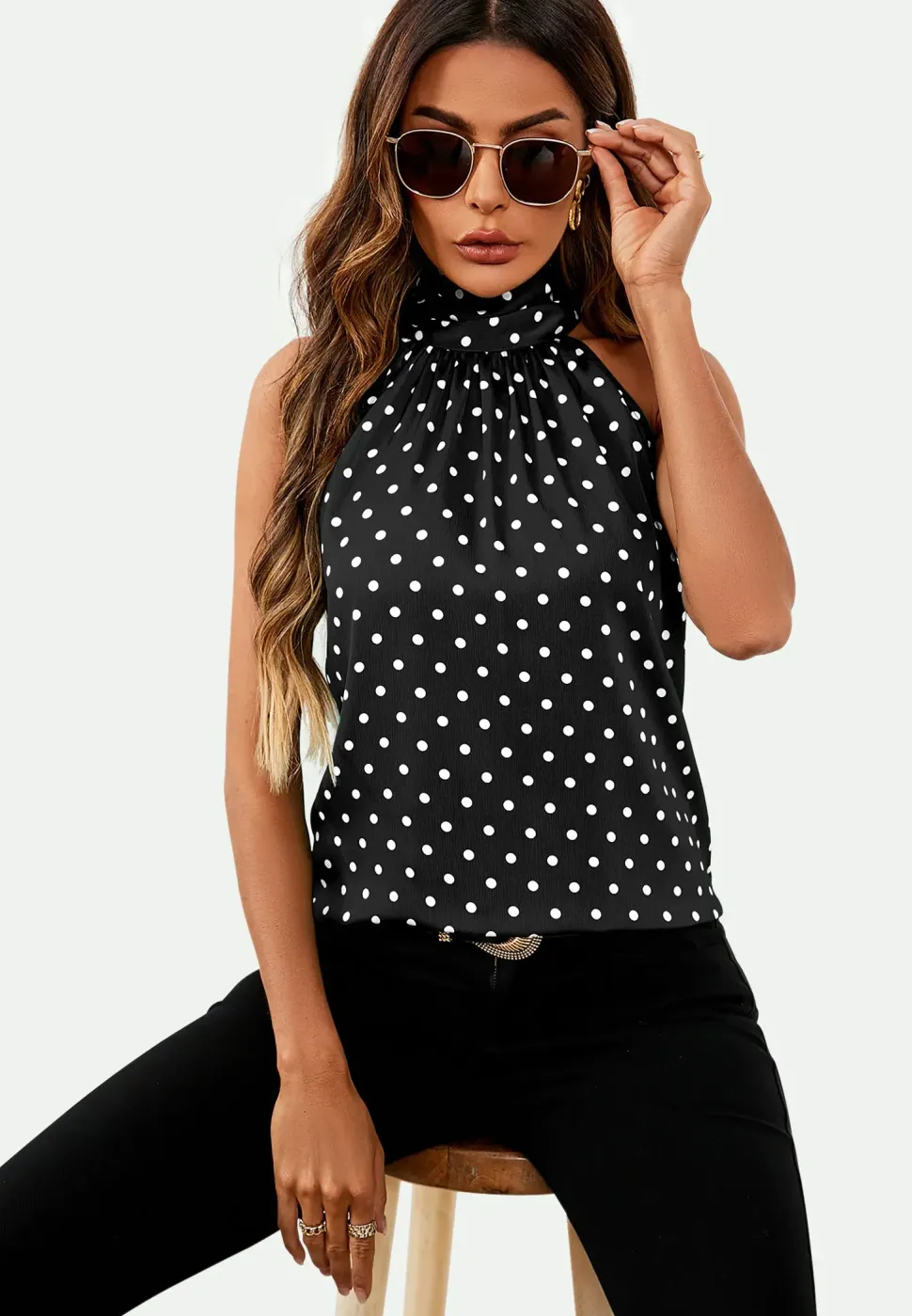 Polka Dot Print Halter Neck Tie Back Top In Black