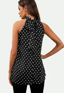 Polka Dot Print Halter Neck Tie Back Top In Black