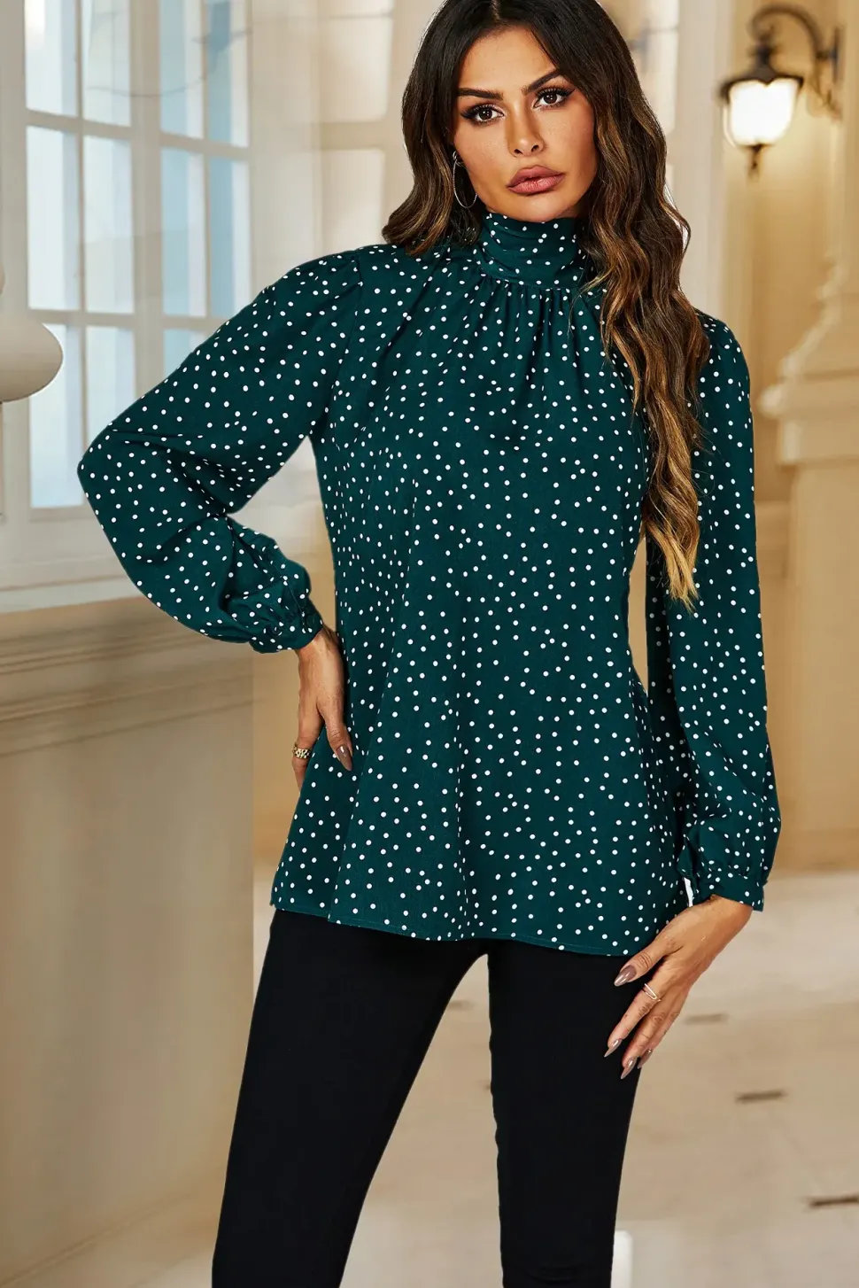 Polka Dot Print Long Sleeve Back Tie Blouse Top In Green