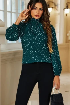 Polka Dot Print Long Sleeve Back Tie Blouse Top In Green
