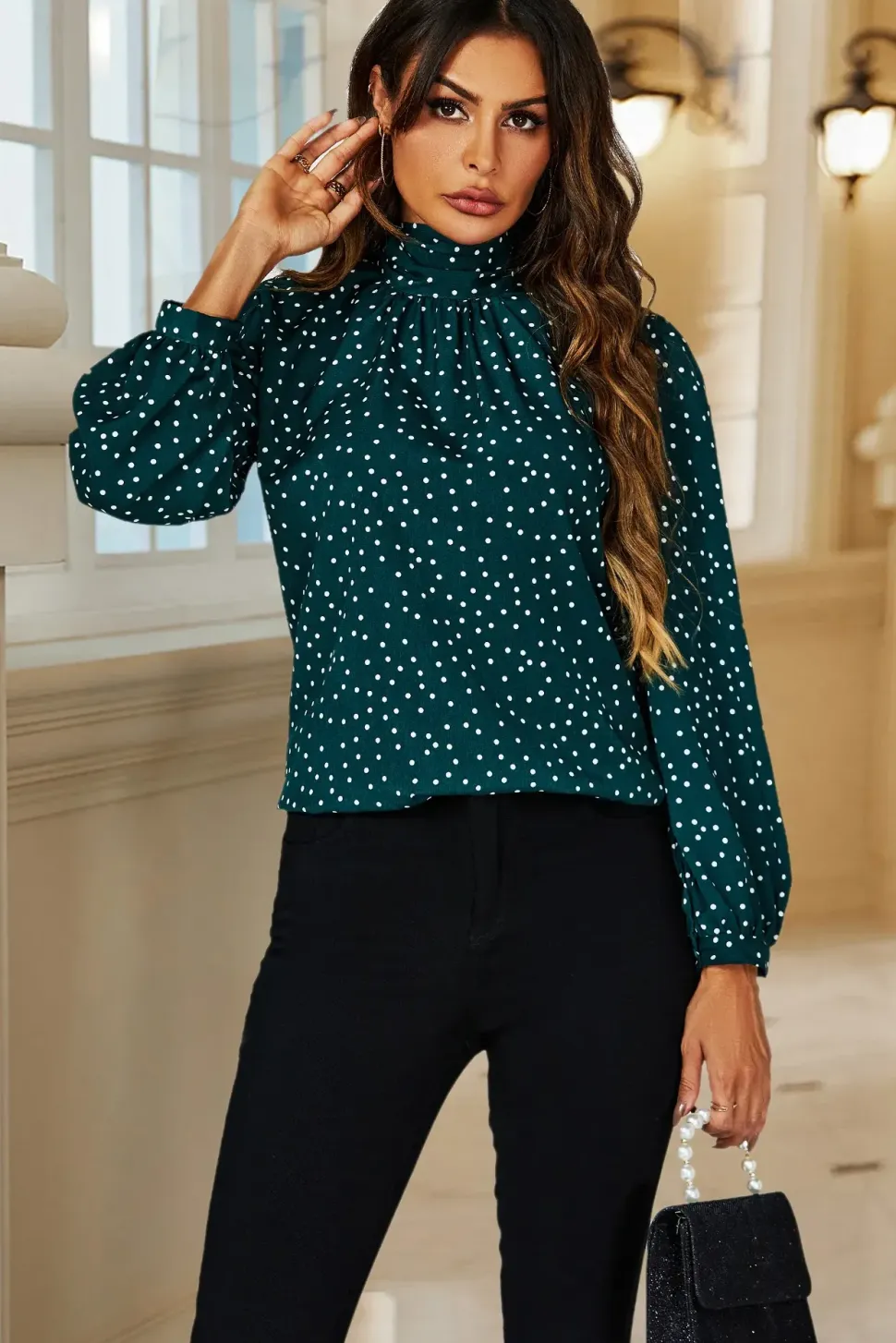 Polka Dot Print Long Sleeve Back Tie Blouse Top In Green