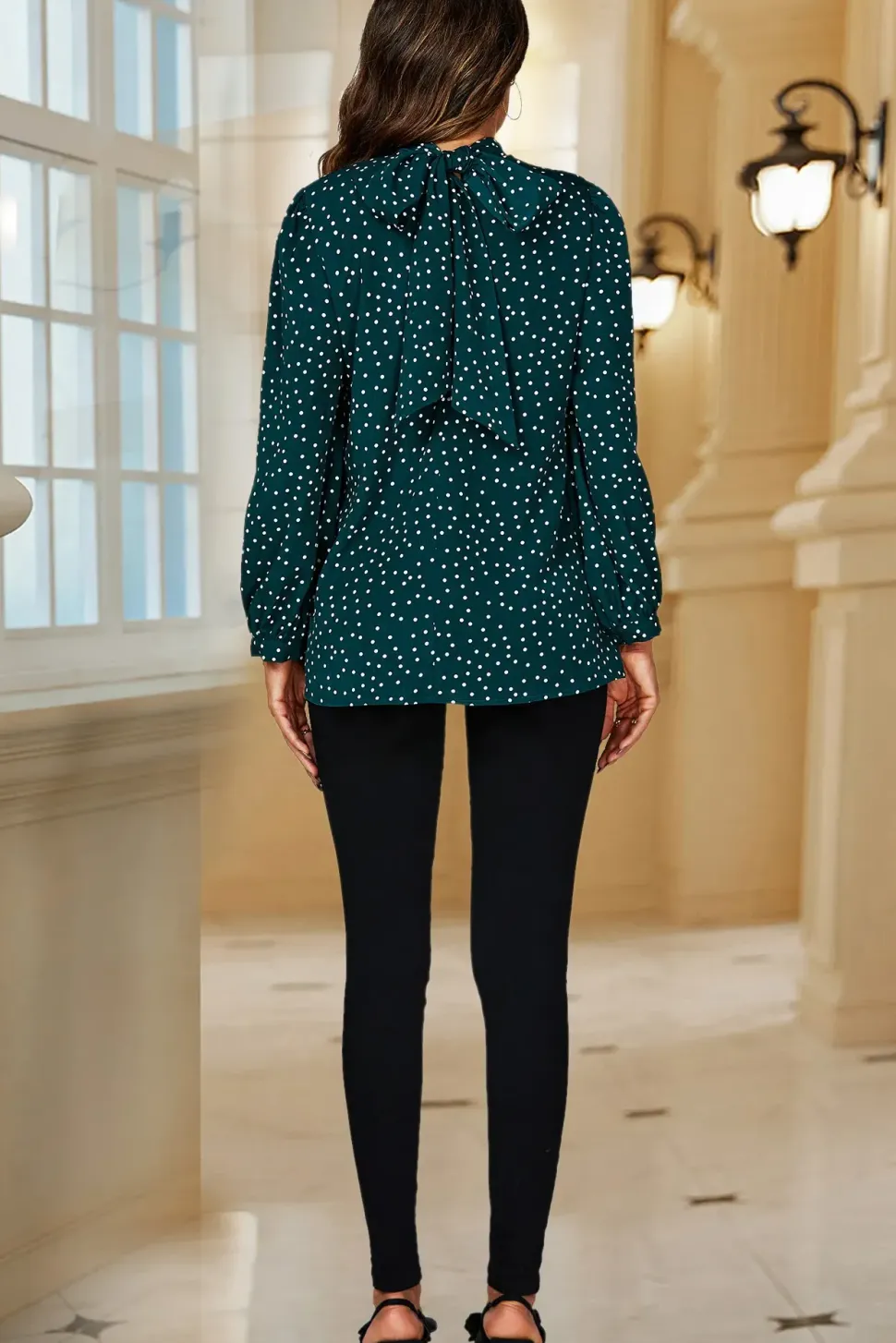 Polka Dot Print Long Sleeve Back Tie Blouse Top In Green