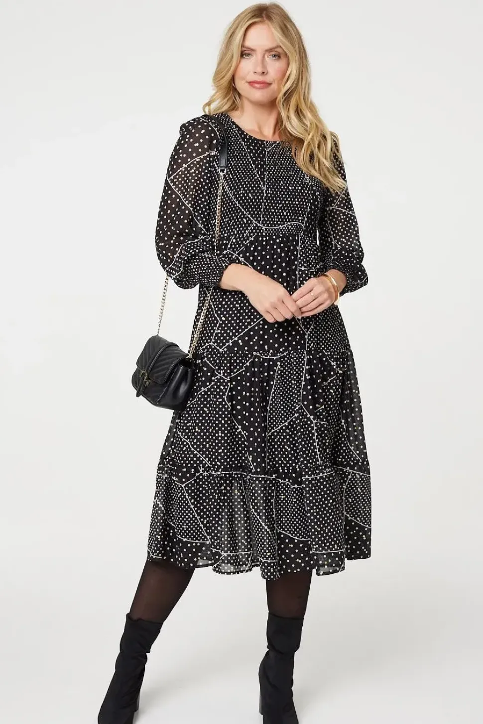 Polka Dot Print Puff Sleeve Midi Dress